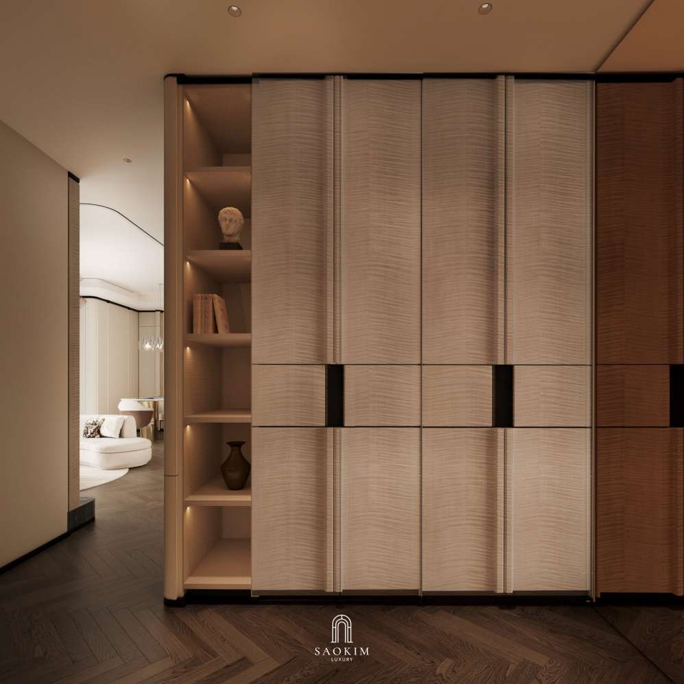 Thiết kế tủ quần áo tại không gian phòng khách tiện nghi trong thiết kế nội thất chung cư cao cấp Lumière Evergreen phong cách Quiet Luxury
